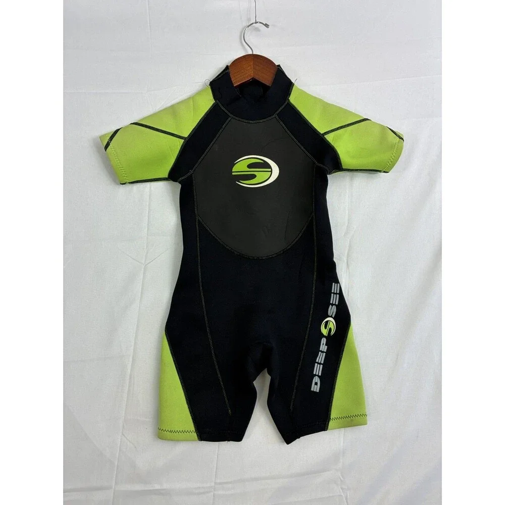 Deep See Shorty Wetsuit Black Green Short Sleeve Back Zip Diving Snorkeling